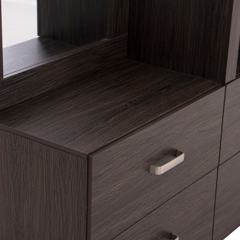 Tocador Olcen de estilo industrial en gris y madera, con superficie grande y cajones amplios, ideal para dormitorio.
